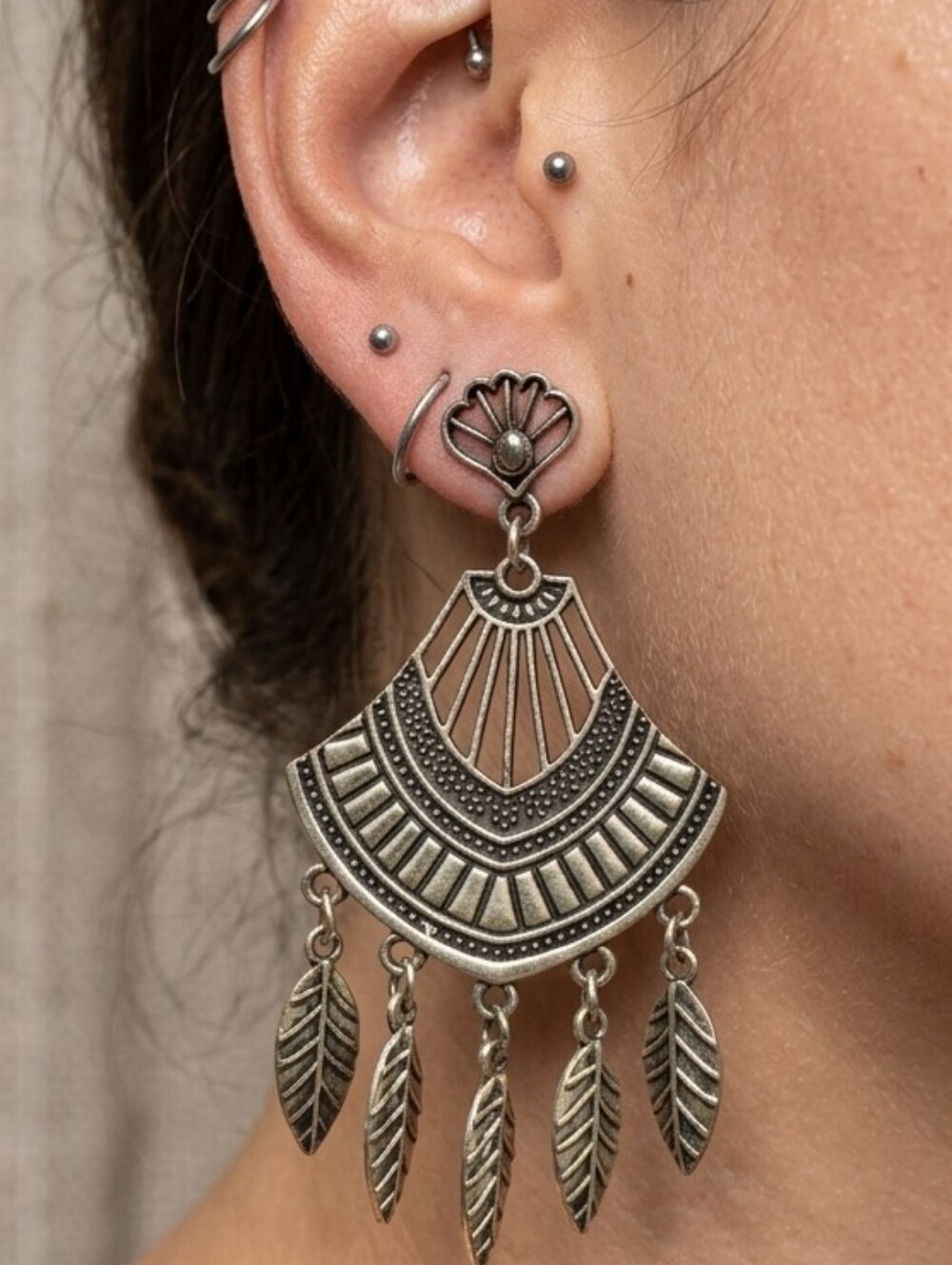 Boho Tribal Statement Drop Earrings – Sterling Silver Antique Feather Dangles